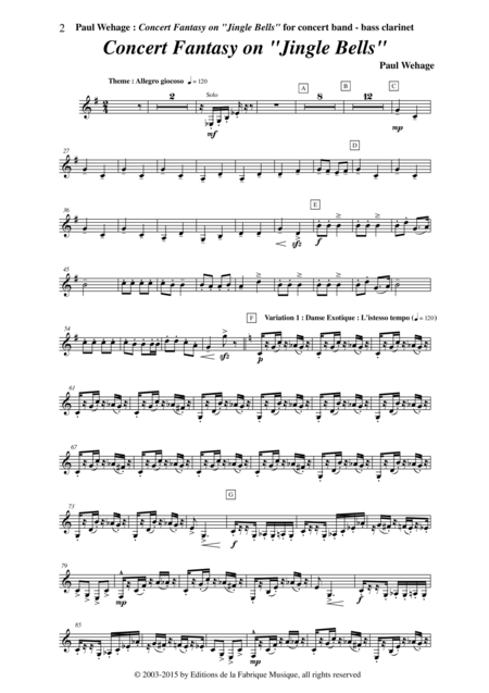 Paul Wehage Concert Fantasy On Jingle Bells Theme And Five Variations On The Carol By Pierpont For Concert Band Bass Clarinet Part Page 2
