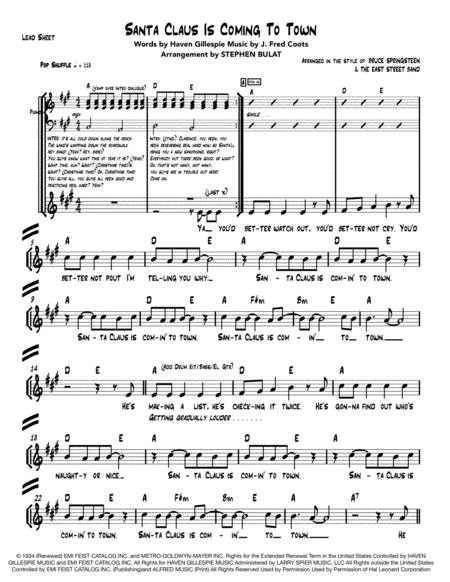Santa Claus Is Comin To Town Bruce Springsteen Lead Sheet Rhythm Chart Key Of A Page 2