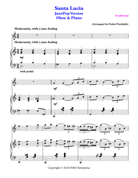 Santa Lucia Piano Background For Oboe And Piano Jazz Pop Version Page 2