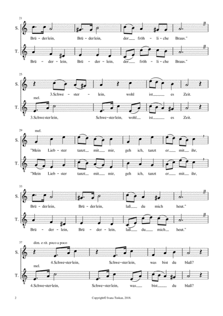 Schwesterlein Easy Duet For Vocal Duet St Or 2 Part Choir A Cappella A Minor Page 2