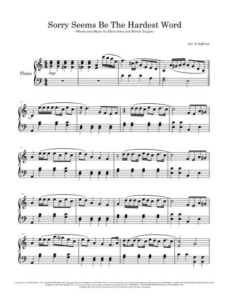 Sorry Seems To Be The Hardest Word Arranged For Easy Piano Page 2