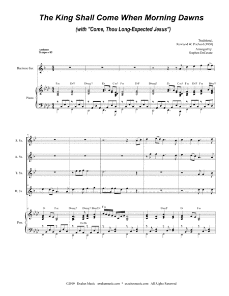 The King Shall Come With Come Thou Long Expected Jesus For Saxophone Quartet And Piano Page 2