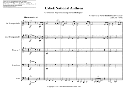 Uzbek National Anthem O Zbekiston Respublikasining Davlat Madhiyasi For Brass Quintet Page 2