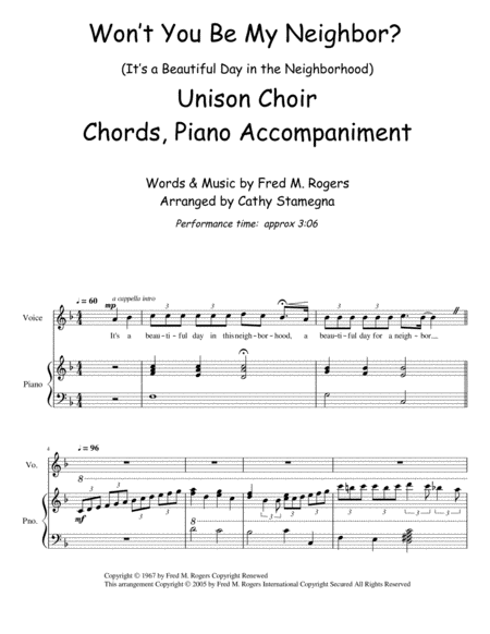 Wont You Be My Neighbor Its A Beautiful Day In The Neighborhood Unison Choir Chords Piano Acc Page 2