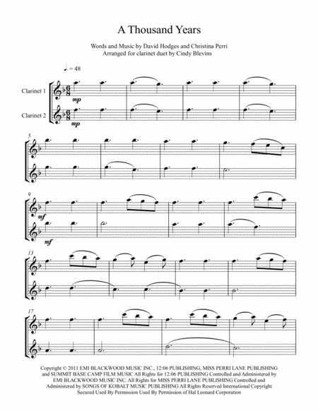 A Thousand Years Arranged For Clarinet Duet Page 2