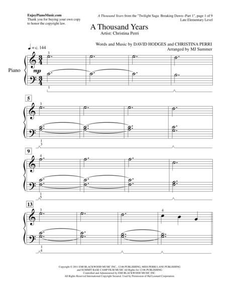 A Thousand Years Christina Perri Late Elementary Level For Easy Piano Solo Page 2