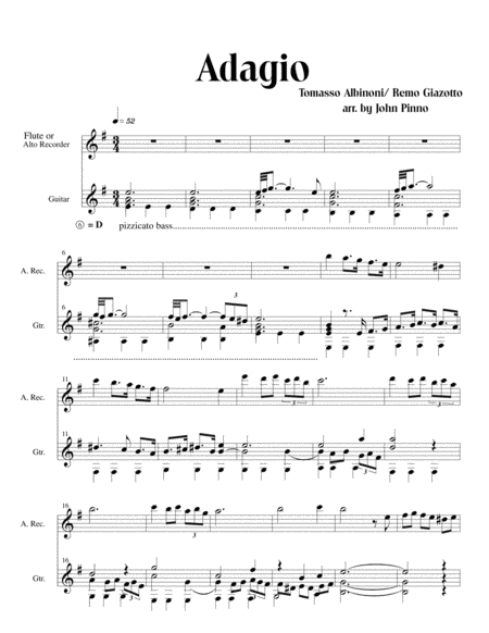 Adagio Albinoni Giazotto Arr Pinno For Flute Or Alto Recorder And Classical Guitar Page 2