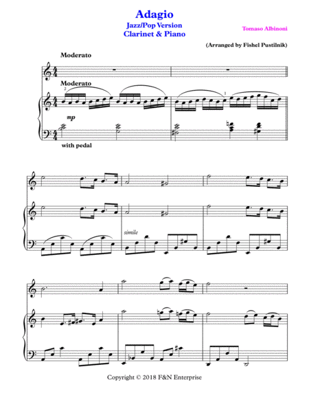 Adagio By Albinoni Piano Background For Clarinet And Piano Jazz Pop Version Page 2