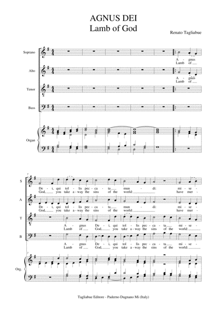 Agnus Dei Lamb Of God Tagliabue Double Canon For Assembly Satb Choir And Organ Page 2