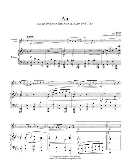 Air On The G String Bwv 1068 For Trumpet And Piano Eb Major Page 2