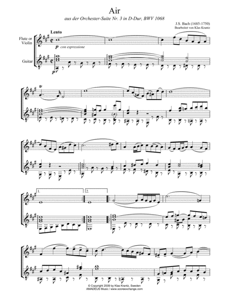 Air On The G String Bwv 1068 For Violin Or Flute And Guitar A Major Page 2