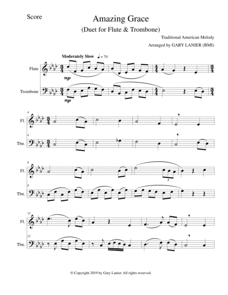 Amazing Grace Duet Flute Trombone Score Parts Included Page 2