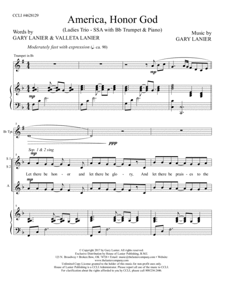 America Honor God Ladies Trio Ssa With Bb Trumpet Piano Page 2