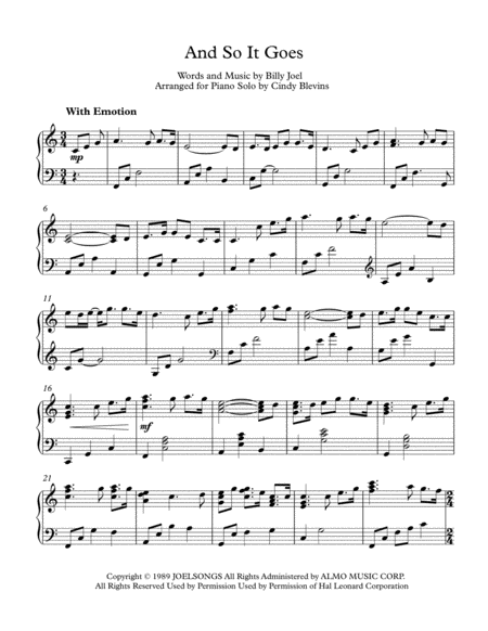 And So It Goes Arranged For Piano Solo Page 2