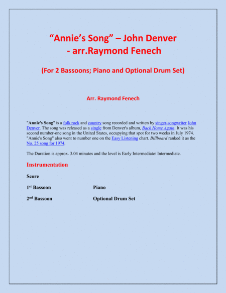 Annies Song John Denver 2 Bassoons Piano And Optional Drum Set Page 2