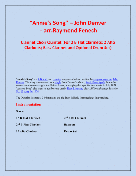 Annies Song John Denver Clarinet Choir Quintet 2 B Flat Clarinets 2 Alto Clarinets Bass Clarinet And Optional Drum Set Page 2