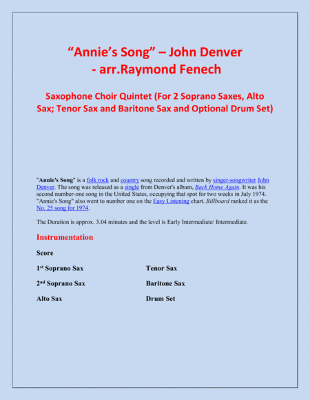 Annies Song John Denver Saxophone Choir Quintet 2 Soprano Saxes Alto Sax Tenor Sax Baritone Sax And Optional Drum Set Page 2