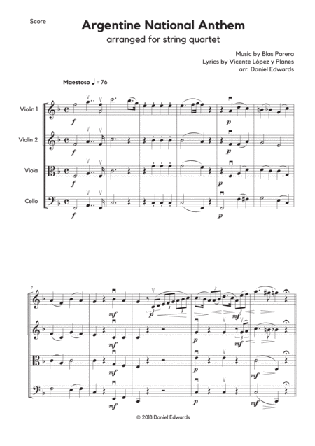 Argentine National Anthem Himno Nacional Argentino Short Version Arranged For String Quartet Page 2