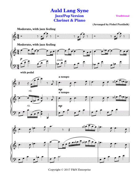 Auld Lang Syne Piano Background For Clarinet And Piano Jazz Pop Version Page 2