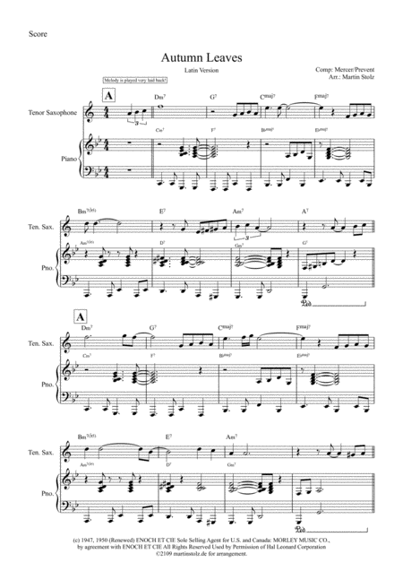 Autumn Leaves For Tenor Saxophone And Piano Page 2