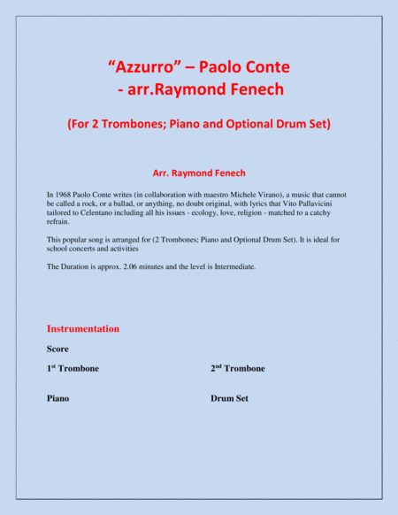 Azzurro 2 Trombones Piano And Drum Set Chamber Music Page 2