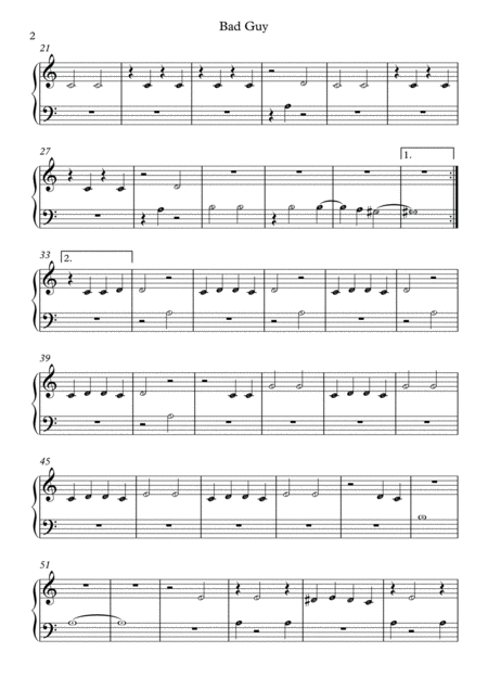 Bad Guy Beginner Piano With Note Names In Easy To Read Format Page 2