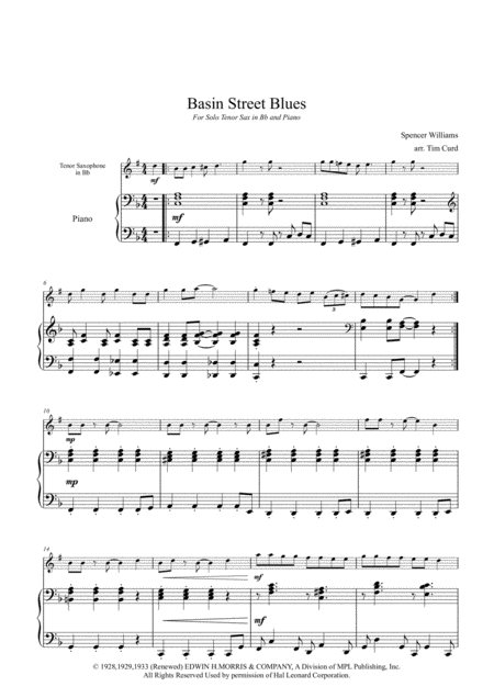 Basin Street Blues For Solo Tenor Saxophone And Piano Page 2