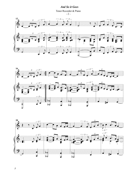 Billy Joel And So It Goes For Tenor Recorder Piano Page 2