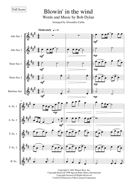 Blowin In The Wind Saxophone Quintet Or Ensemble Page 2