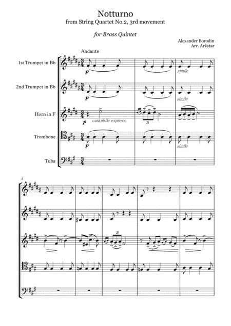 Borodin Notturno Nocturne From String Quartet No 2 3rd Movement Arrangement For Brass Quintet Page 2