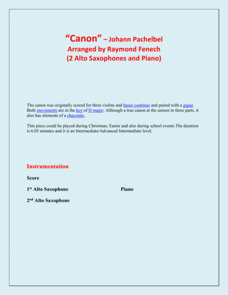 Canon Johann Pachebel 2 Alto Saxes And Piano Intermediate Advanced Intermediate Level Page 2