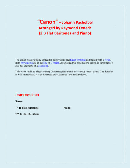 Canon Johann Pachebel 2 B Flat Baritones And Piano Intermediate Advanced Intermediate Level Page 2