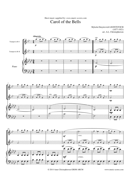 Carol Of The Bells 2 Trumpets And Piano F Minor Page 2