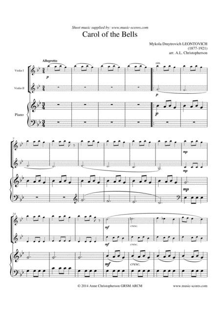 Carol Of The Bells 2 Violins And Piano G Minor Page 2