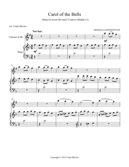 Carol Of The Bells Arranged For Harp Lever Or Pedal Harp And Bb Clarinet Page 2