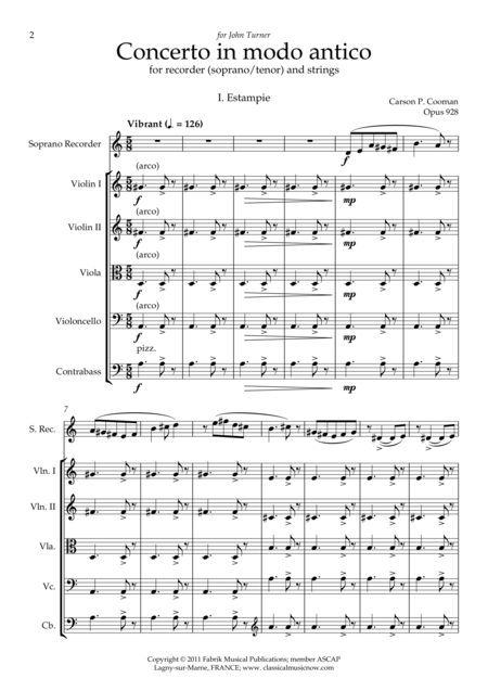 Carson Cooman Concerto In Modo Antico 2011 For Recorder Soprano Or Tenor And Strings Full Score And Solo Part Page 2