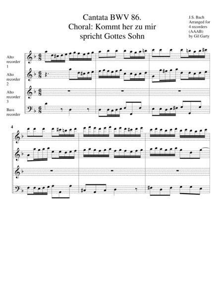 Choral Kommt Zu Mir Spricht Gottes Sohn From Cantata Bwv 86 Arrangement For Recorders Page 2