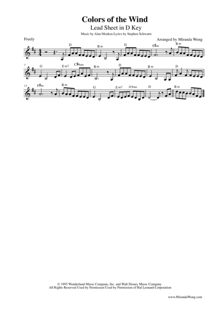 Colors Of The Wind Lead Sheet In 5 Different Keys With Chords Page 2