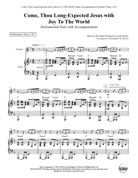 Come Thou Long Expected Jesus With Joy To The World Clarinet Solo With Piano Accompaniment Page 2