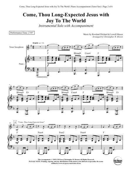 Come Thou Long Expected Jesus With Joy To The World Tenor Sax Solo With Piano Accompaniment Page 2