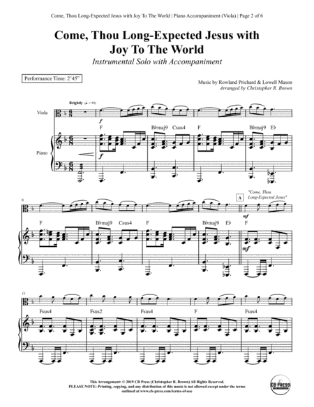 Come Thou Long Expected Jesus With Joy To The World Viola Solo With Piano Accompaniment Page 2