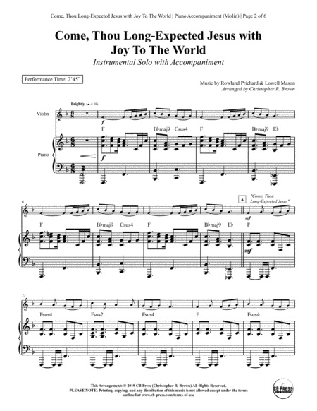 Come Thou Long Expected Jesus With Joy To The World Violin Solo With Piano Accompaniment Page 2