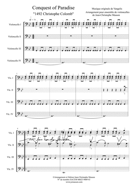 Conquest Of Paradise For 4 To 8 Celli Score And Parts Jcm 2015 Page 2