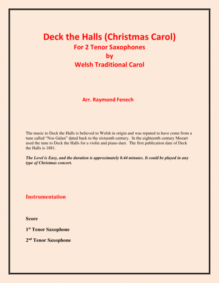 Deck The Halls Welsh Traditional Chamber Music Woodwind 2 Tenor Saxes Easy Level Page 2
