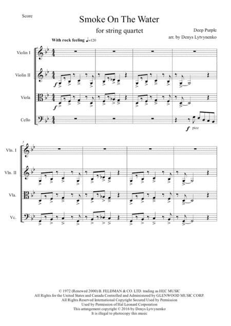 Deep Purple Smoke On The Water For String Quartet Incl Guitar Solo Part Page 2