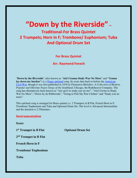 Down By The Riverside Brass Quintet 2 B Flat Trumpets Horn In F Trombone Euphonium Tuba And Optional Drum Set Page 2