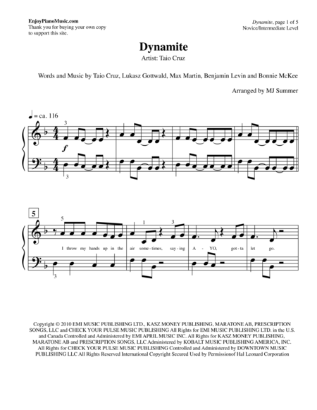 Dynamite Taio Cruz Intermediate Level For Piano Solo Page 2