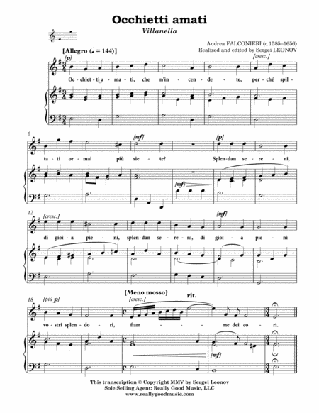 Falconieri Andrea Occhietti Amati Villanella Arranged For Voice And Piano E Minor Page 2