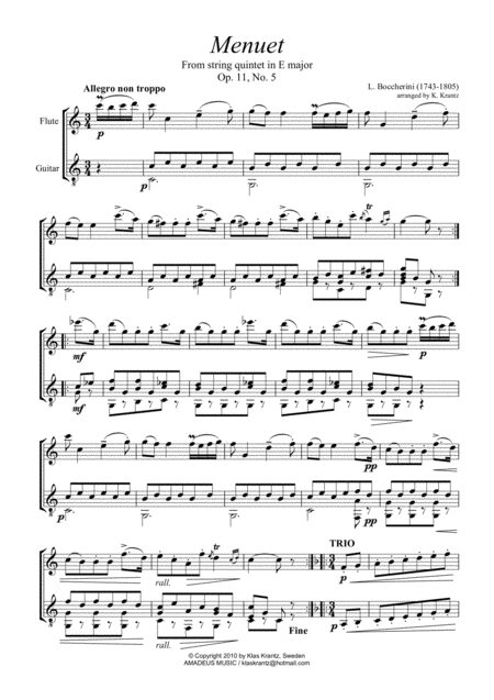 Famous Menuet Minuet C Major For Violin Or Flute And Guitar Page 2