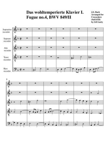 Fugue Bwv 849 Ii From Das Wohltemperierte Klavier I Arrangement For 5 Recorders Snsatb Page 2